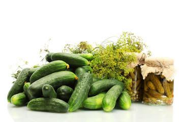 fresh cucumbers, pickles and dill  isolated on white