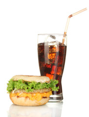 tasty sandwich and glass with cola, isolated on white