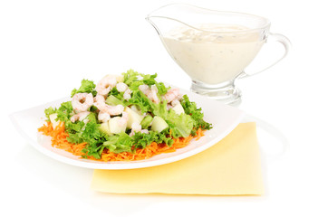 Delicious marinated shrimp in plate isolated on white