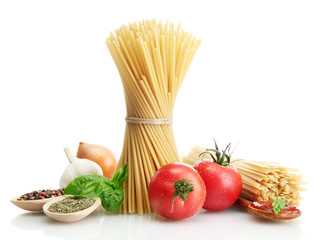 Pasta spaghetti, vegetables and spices, isolated on white