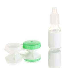 Eye drops and lenses isolated on white