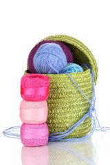 Colorful yarn for knitting in green basket isolated on white