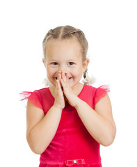 child girl with hands close to face isolated on white background