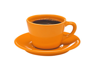 Orange cup of coffee on plate isolated on white