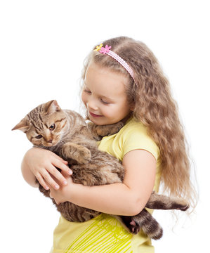 Happy Child Girl Holding  Cat Isolated On White