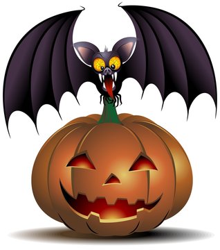 Cartoon Bat with Halloween Pumpkin-Pipistrello con Zucca-Vector