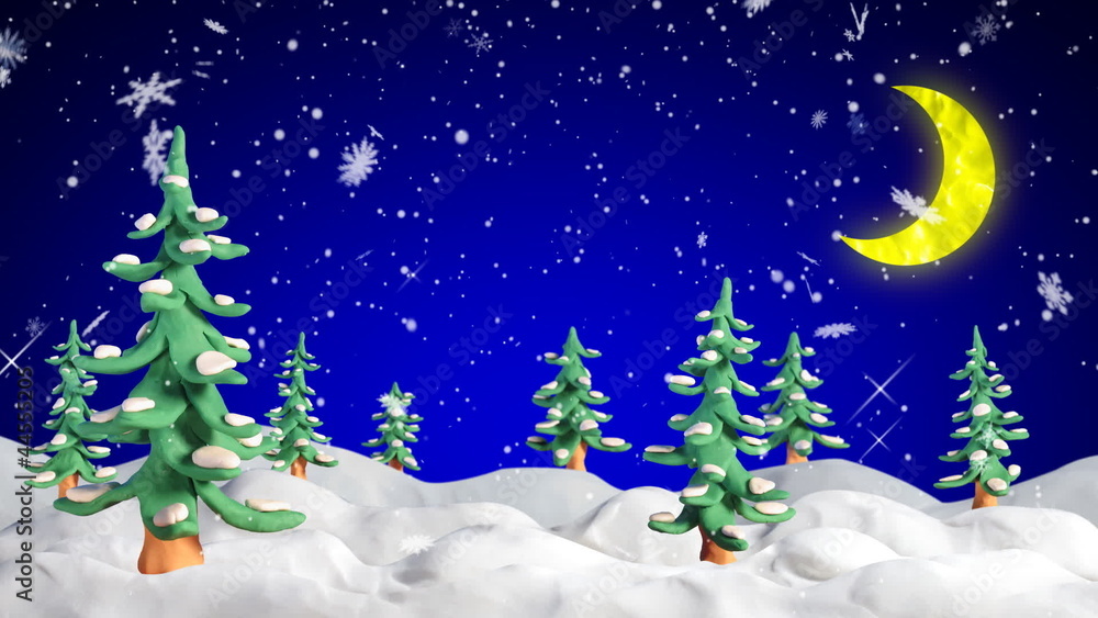 Poster winter scene with clay firtrees and snowfall loopable