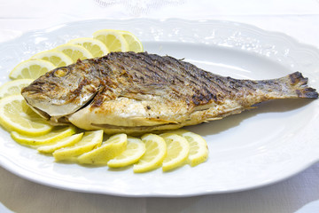 Grilled sea bream with lemon slices