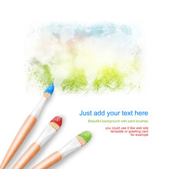 White background with three paintbrushes painting a bright world