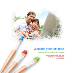 White background with three paintbrushes painting portrait of fa