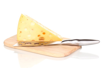 tasty cheese and knife on wooden board isolated on white