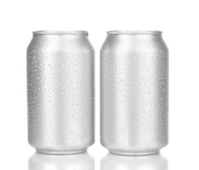aluminum cans with water drops isolated on white