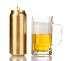 Golden can and beer glass isolated on white.
