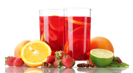 sangria in glasses with fruits, isolated on white