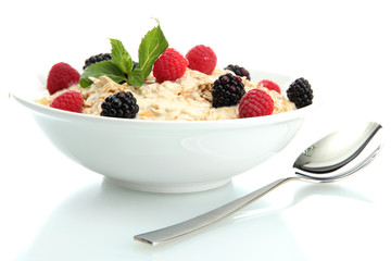 tasty oatmeal with berries, isolated on white