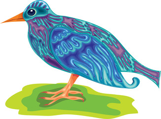 psychedelic starling bird in blue and purple colors