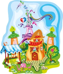 Poster Monde magique tour eiffel colorée et fond français de maison
