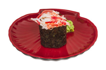 sushi kani with sauced slices of crab shrimp isolated on white b