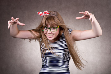 crazy attacked girl with eyeglasses