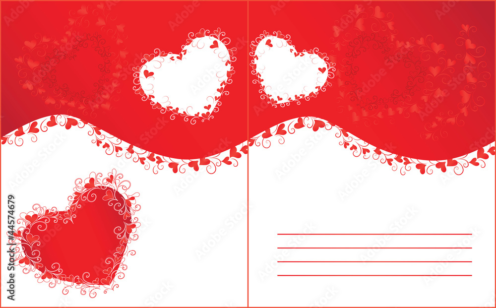 Wall mural wedding invitation with red hearts and curls