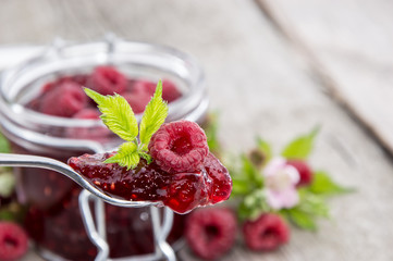 Glass with fresh Raspberry Jam