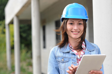 Architect on building site working with electronic tablet