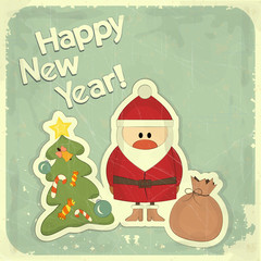 Christmas cards with Santa, Christmas tree and text Happy New Ye