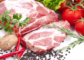 Still life with raw pork meat and fresh vegetables