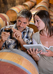 Couple of winemaker in cellar controlling wine quality