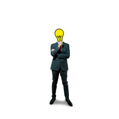 Business man with bulb head on the screen background