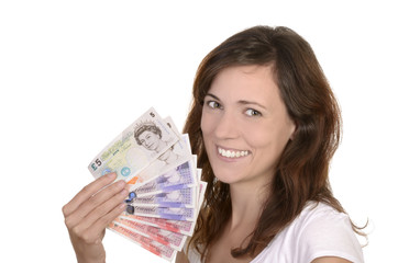 Junge glückliche Frau mit britischen Banknoten