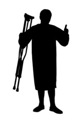 A silhouette of a senior patient holding crutches and giving thu