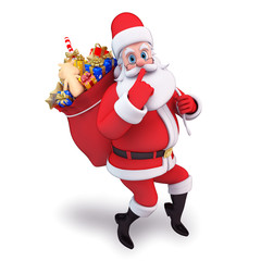 illustration of santa claus hanging gift bag to the back