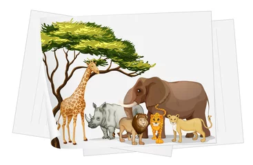 Papier Peint photo Lavable Zoo Animaux dans la jungle sur papier