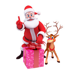 santa claus with reindeer and big gift box