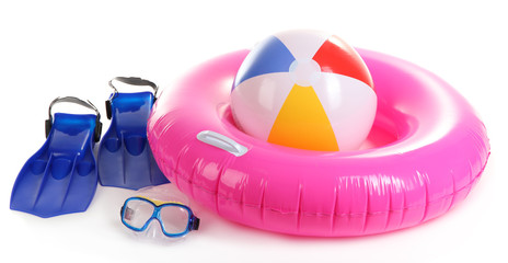 life ring, inflatable ball, flippers and mask isolated on white