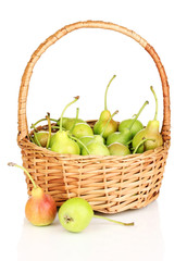 ripe pears in basket isolated on white.