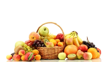 Garden poster Fruits Assortment of exotic fruits in basket isolated on white