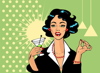Woman drinking martini or cocktail retro vintage clipart