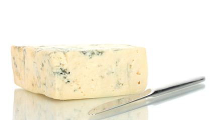 Cheese with mold and knife isolated on white background