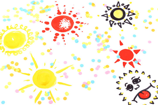 Five drawings of sun on white background