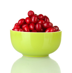 fresh cornel berries in bowl isolated on white