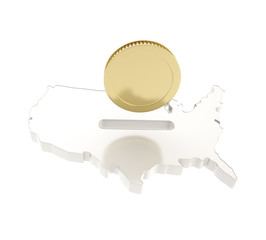 USA country shape as a moneybox with a golden coin