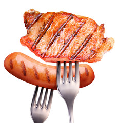 Sausage and steak on a fork.