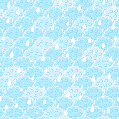 Seamless Light Blue Fluffy Cloud with Drops Pattern