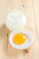 Jug with milk and eggs