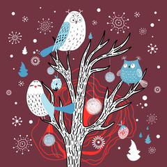 Winter card with owls on the tree