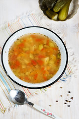 Rassolnik – soup with pearl barley and salty cucumbers