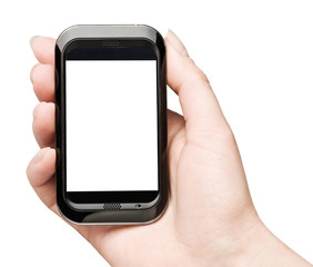 Hand holding mobile smart phone with blank stsreen