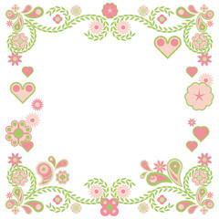 Fototapeta na wymiar Ornamental frame with soft pink and green flowers and hearts